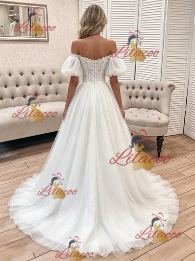 White Tulle Lace Off the Shoulder Wedding Dress