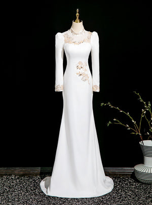 White Mermaid High Neck Sequins Lace Prom Dress