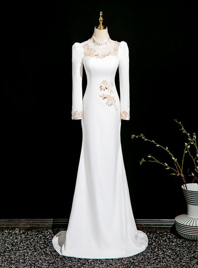 White Mermaid High Neck Sequins Lace Prom Dress