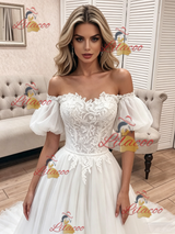 White Tulle Lace Off the Shoulder Wedding Dress