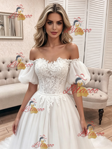 White Tulle Lace Off the Shoulder Wedding Dress