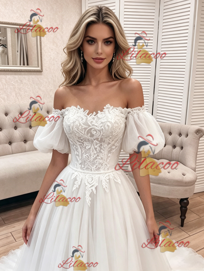 White Tulle Lace Off the Shoulder Wedding Dress