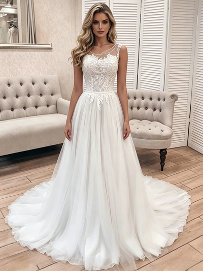 White Tulle Scoop Neck Lace Wedding Dress