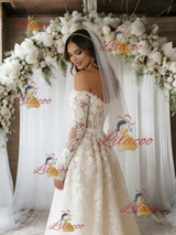 Beige White Tulle Lace Long Sleeve Wedding Dress