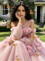 Pink Tulle LOng Sleeve 3D Flower Quinceanera Dress