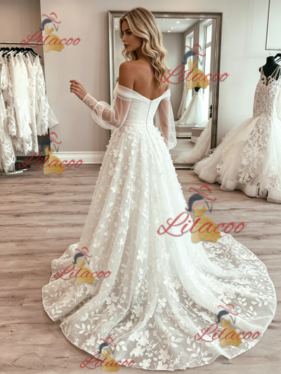 White Tulle Long Sleeve Lace Wedding Dress