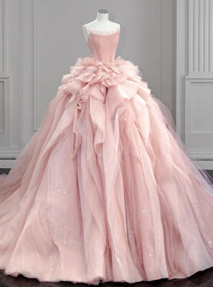 Vintage Pink Tulle Strapless Wedding Dress