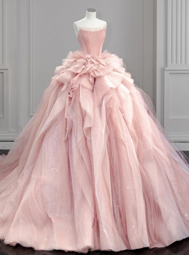 Vintage Pink Tulle Strapless Wedding Dress