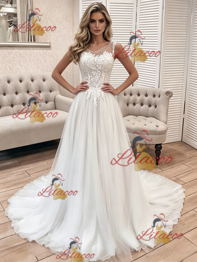 White Tulle Scoop Neck Lace Wedding Dress