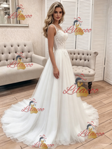 White Tulle Scoop Neck Lace Wedding Dress