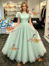 Green Tulle Puff Sleeve Prom Dress