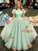 Green Tulle Puff Sleeve Prom Dress