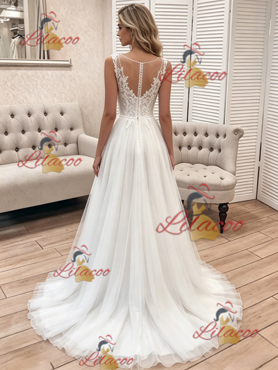 White Tulle Scoop Neck Lace Wedding Dress