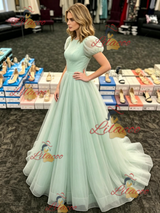 Green Tulle Puff Sleeve Prom Dress