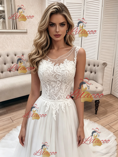 White Tulle Scoop Neck Lace Wedding Dress