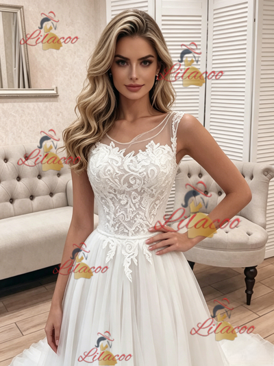 White Tulle Scoop Neck Lace Wedding Dress