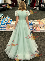 Green Tulle Puff Sleeve Prom Dress