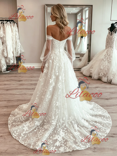 White Tulle Long Sleeve Lace Wedding Dress