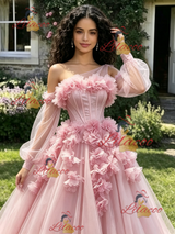 Pink Tulle LOng Sleeve 3D Flower Quinceanera Dress
