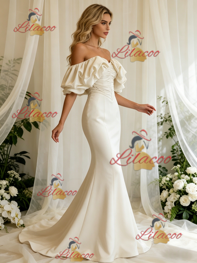 Ivory Mermaid Satin Off the Shoulder Pleats Wedding Dress