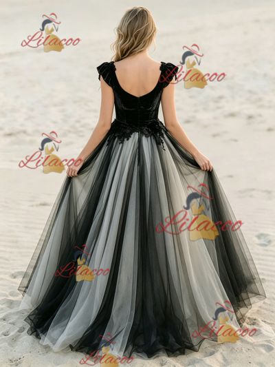 Black Tulle Appliques Wedding Dress
