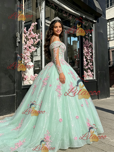 Green Tulle Straps Long Sleeve Quinceanera Dress
