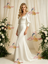 Ivory Satin Long Sleeve Beading Wedding Dress