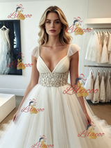 White Tulle V-neck Straps Beading Wedding Dress
