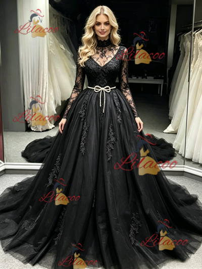 Black Tulle Long Sleeve Appliques Prom Dress