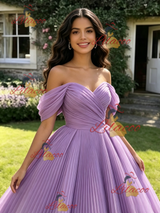 Purple Tulle Off the Shoulder Pleats Quinceanera Dress