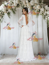White Lace Long Sleeve V-neck Wedding Dress