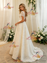 White Lace Short Sleeve Wedding Dress