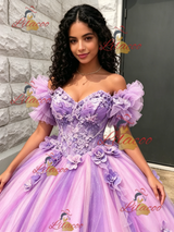 Purple Tulle Off the Shoulde 3D Flower Quinceanera Dress