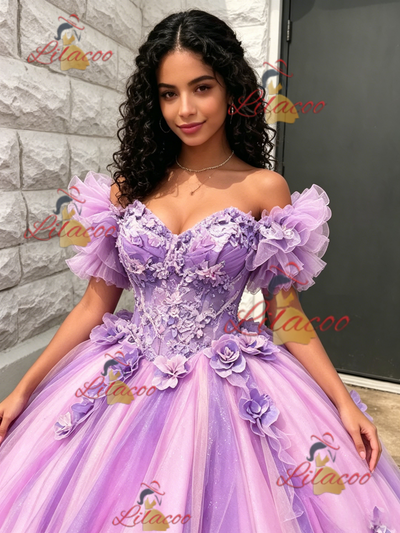 Purple Tulle Off the Shoulde 3D Flower Quinceanera Dress