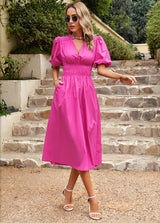 V-neck Short Sleeve Solid Color Dress