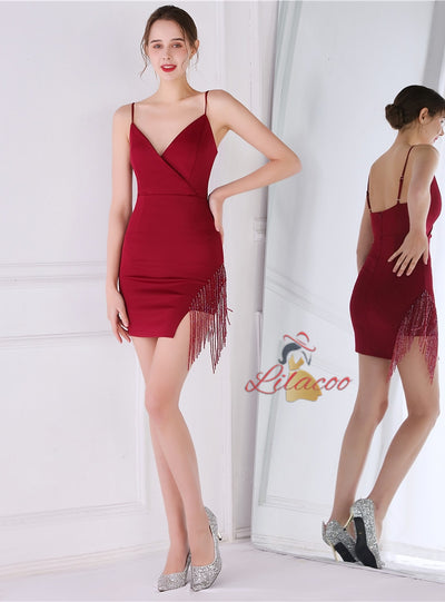 Spaghetti Straps Split Beading Short Prom Dress