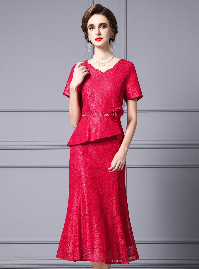 Red Lace Beading Flower Mother Of The Bride Dress