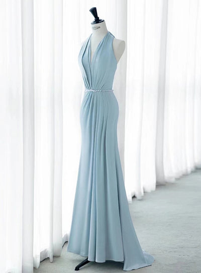 Blue Mermaid Halter Backless Pleats Pearls Prom Dress
