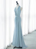 Blue Mermaid Halter Backless Pleats Pearls Prom Dress