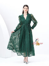 V-neck Lace Single-breasted Long Dress