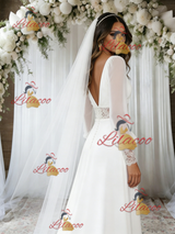 White Long Sleeve V-neck Lace Wedding Dress
