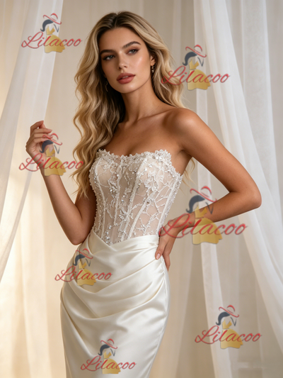 White Mermaid Satin Appliques Strapless Wedding Dress