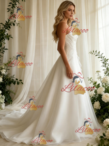 White Tulle Strapless Pleats Wedidng Dress