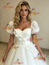 White Tulle Puff Sleeve Butterfly Wedding Dress
