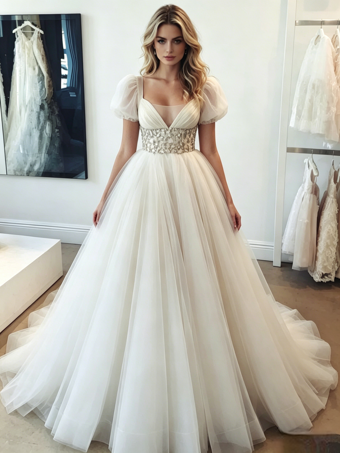 White Tulle V-neck Puff Sleeve Wedding Dress