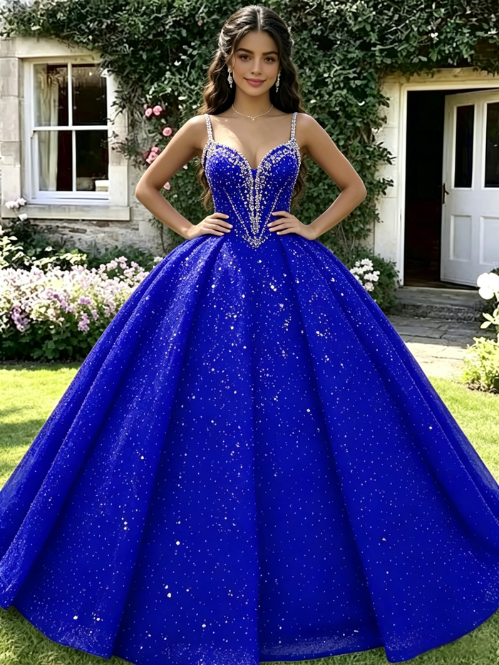 Royal Blue Tulle Sequins Beading Quinceanera Dress
