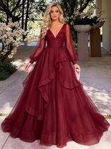Burgundy Tulle V-neck Long Sleeve Prom Dress