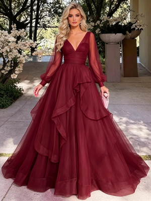 Burgundy Tulle V-neck Long Sleeve Prom Dress