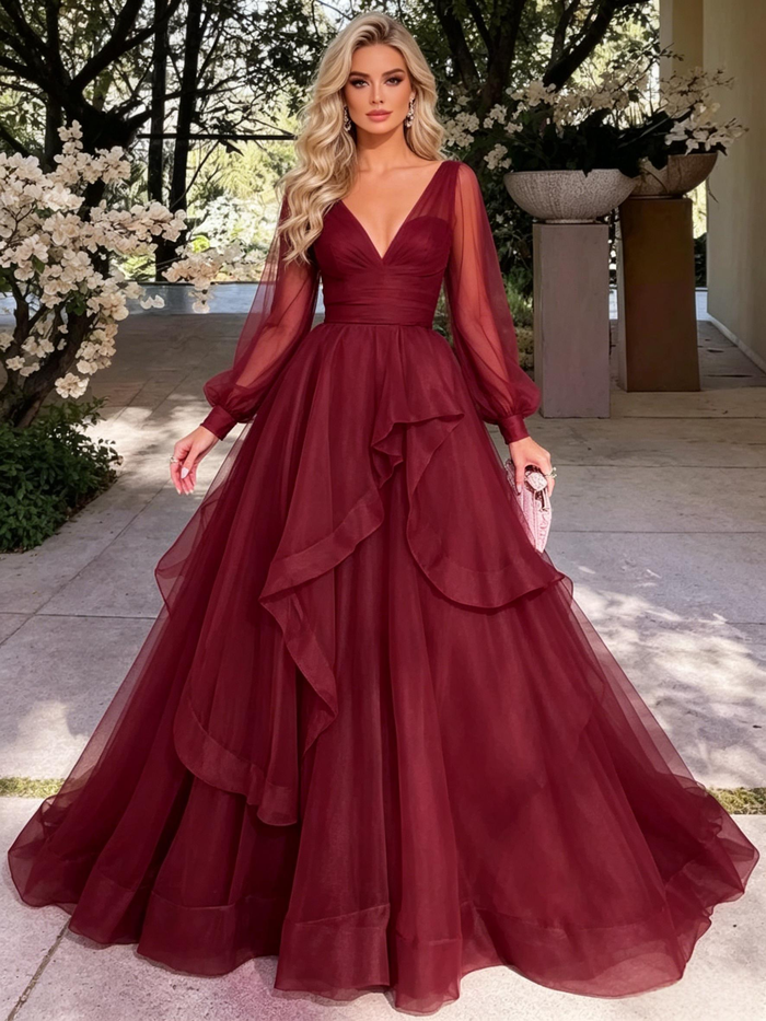 Burgundy Tulle V-neck Long Sleeve Prom Dress