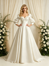 Short Sleeve Satin Square Neck Wedding Dress